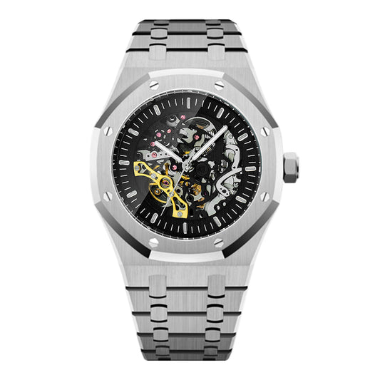 Silver watch with black face and visible mechanical components on a white background